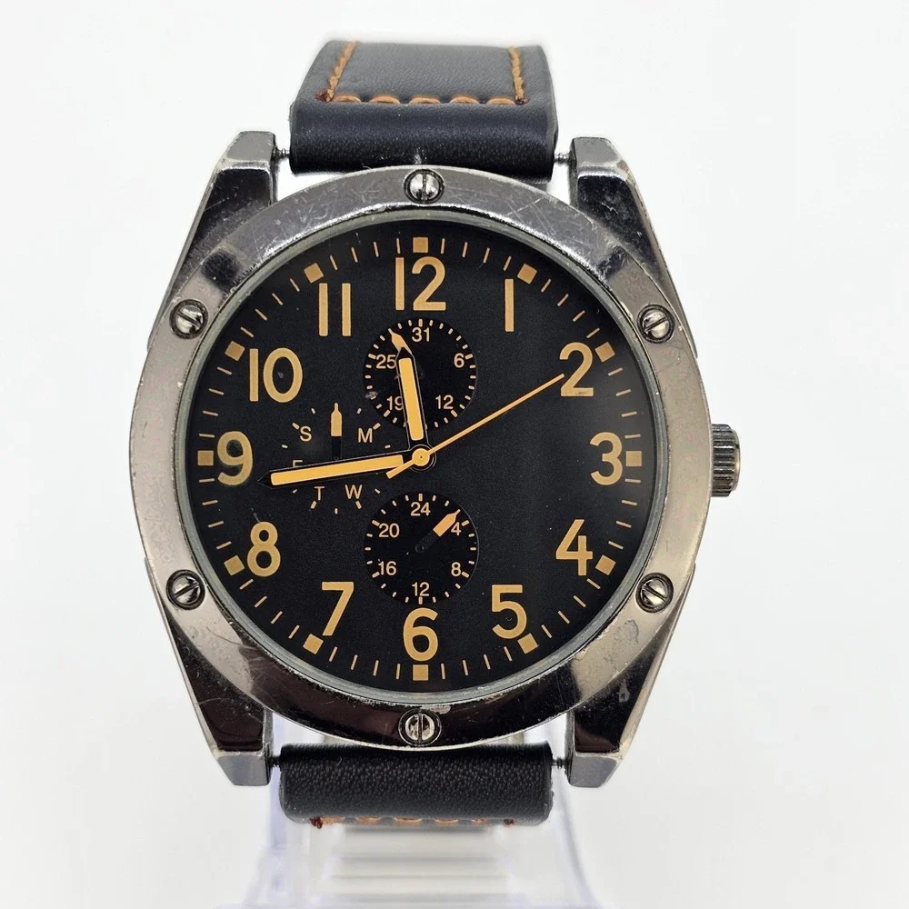 Men's Analog Watch 46MM Black Dial Brown Faux Leather Bands New Battery